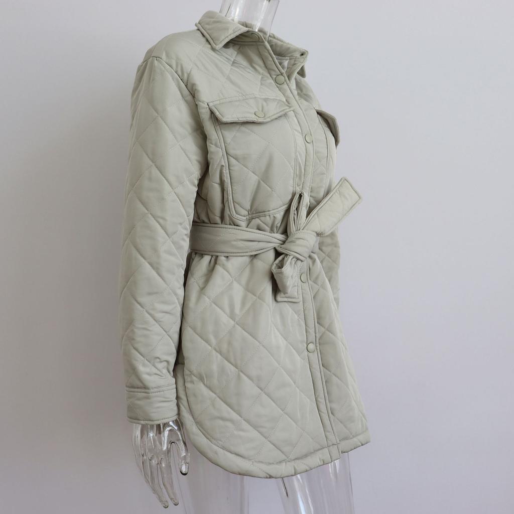 Loose Padded Long Lingge Women's Winter Jacket Casual Turn Down Collar Belt Straight Overcoat Female Outwear Woman Clothes