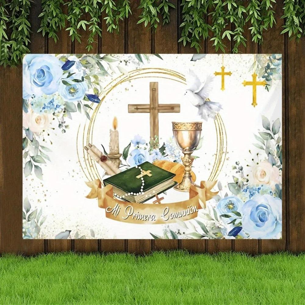 First Communion Religious Cross Holy Grail Theme Banner Background Children's Birthday Party Decoration Photography Background