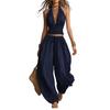 Women's Halter Sleeveless Summer 2 Piece Sets, Pleated Ruffle Backless V Neck Top And Wide Leg Pants Matching Outfits