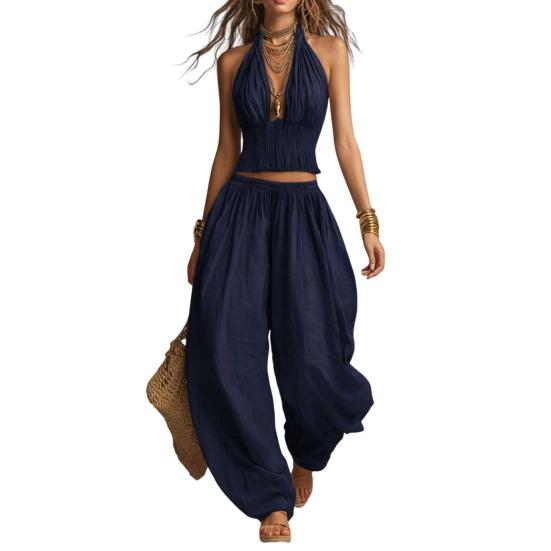 Women's Halter Sleeveless Summer 2 Piece Sets, Pleated Ruffle Backless V Neck Top And Wide Leg Pants Matching Outfits