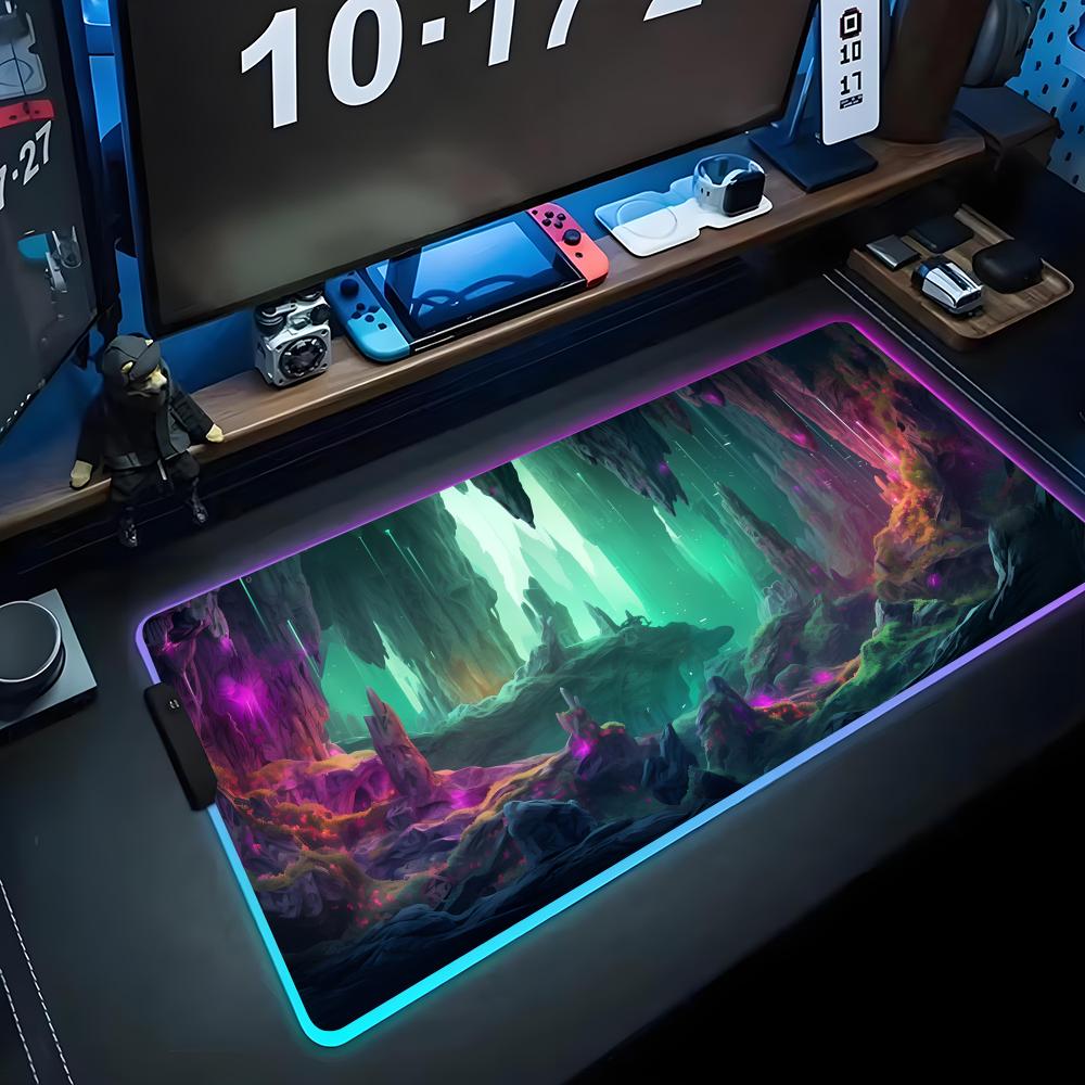 Fantasy Cave Mouse Pad RGB Gaming Mousepad Big LED Pad PC Desk Mat Luminous Mouse Pad Large Keyboard Mats Table Rug With Backlit