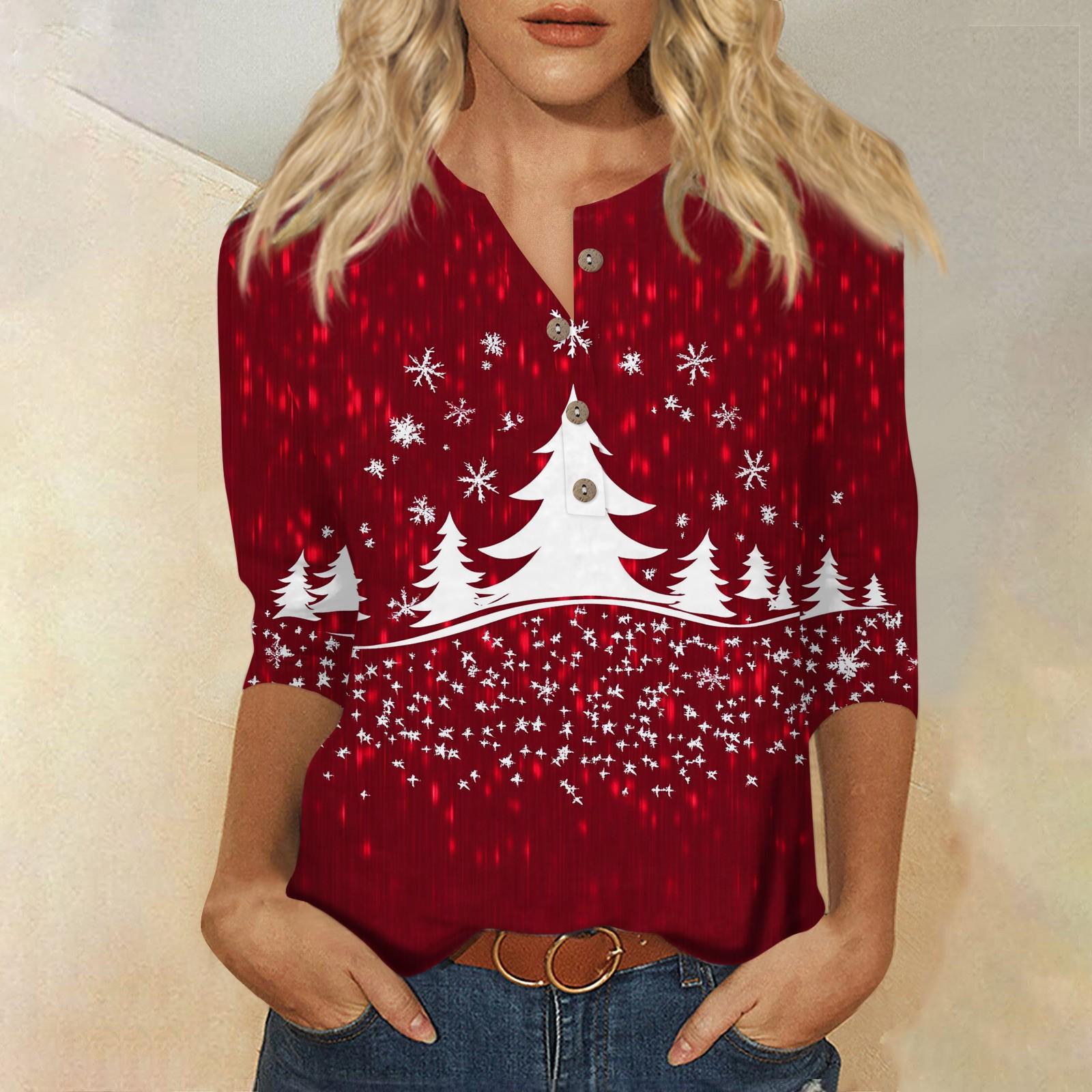 

Женская мода Повседневная новая пуговица с круглым вырезом и рукавами 3/4 Свободная футболка с принтом Женский топ XL винный