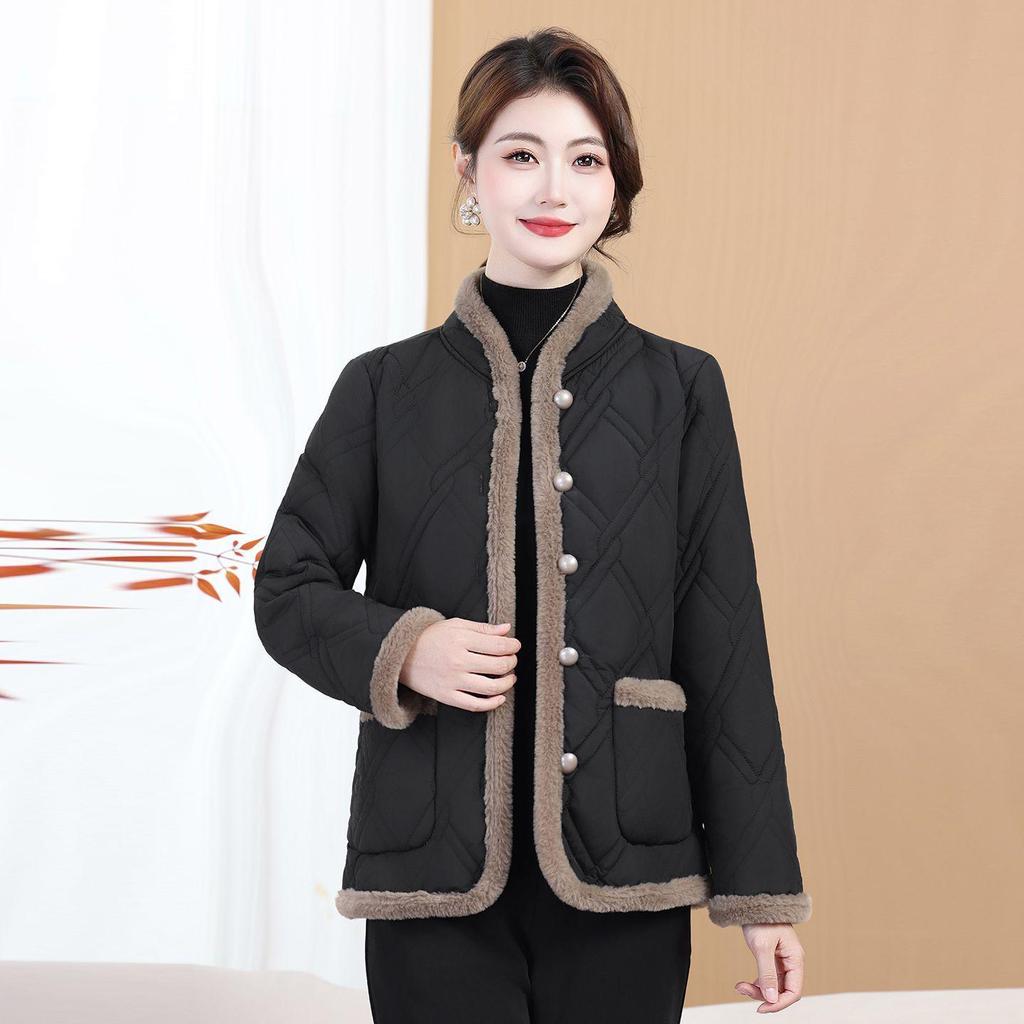 Women's Winter Cotton Jacket: Fleece-Padded, Jacquard Fabric, Age-Reducing, Warm, Chinese-Style, Enhanced Thickness.