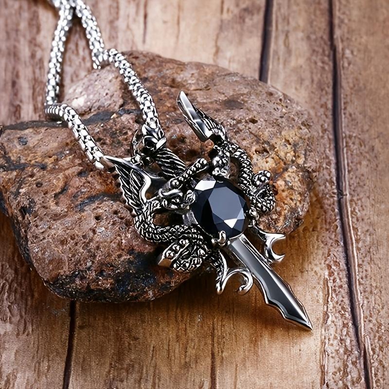 1/2pcs Fashion Gothic Knight Double Dragon Holy Sword Cross Pendant Necklace - Vintage Punk Rock Style-Suitable for Women and Men's Daily Wear-Classic