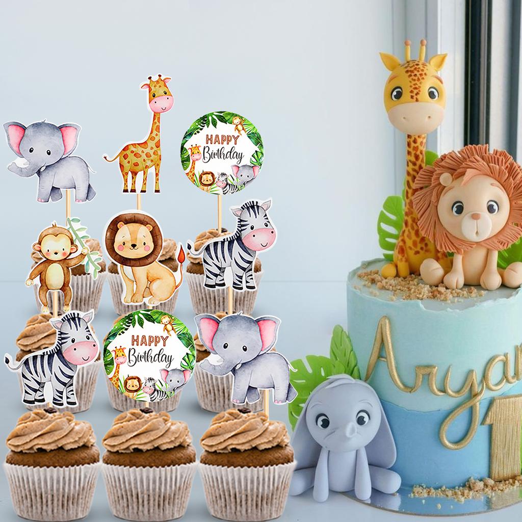 Wild Amimal Cake Topper Cute Forest Safari Jungle Cartoon Animal Happy Birthday Cake Decoration Woodland Wild One Party Supplies
