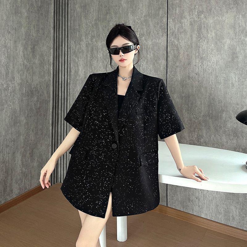 Women Summer Black Starry Sky Loose Padded Shoulder Sequined Short Sleeve Blazer Glittery Design Casual Fashion Outerwear Top