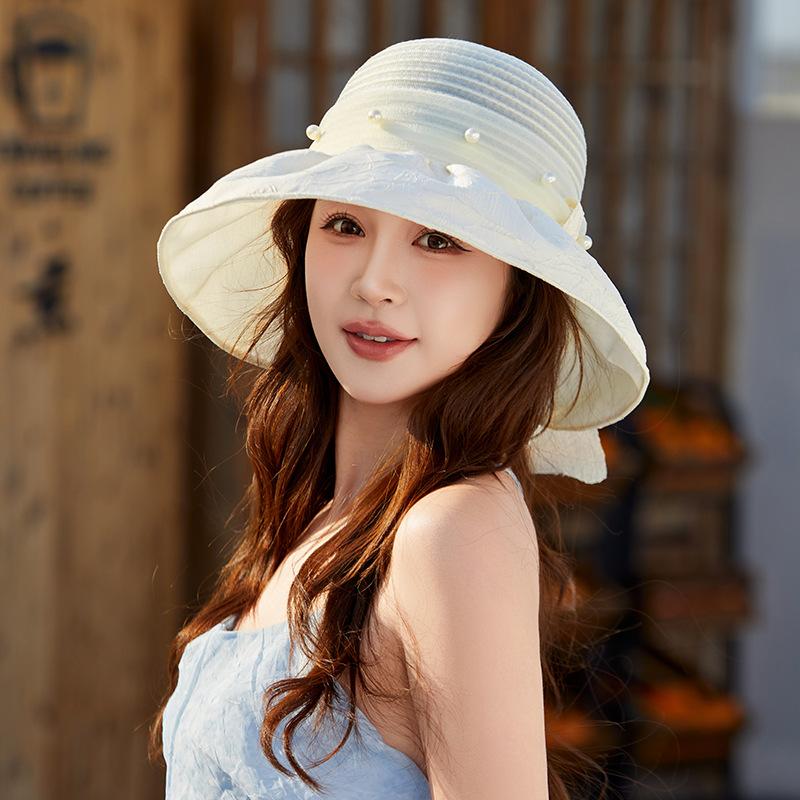 Sun hat women's summer new pearl mesh yarn streamer temperament bucket hat UV protection sun protection hat