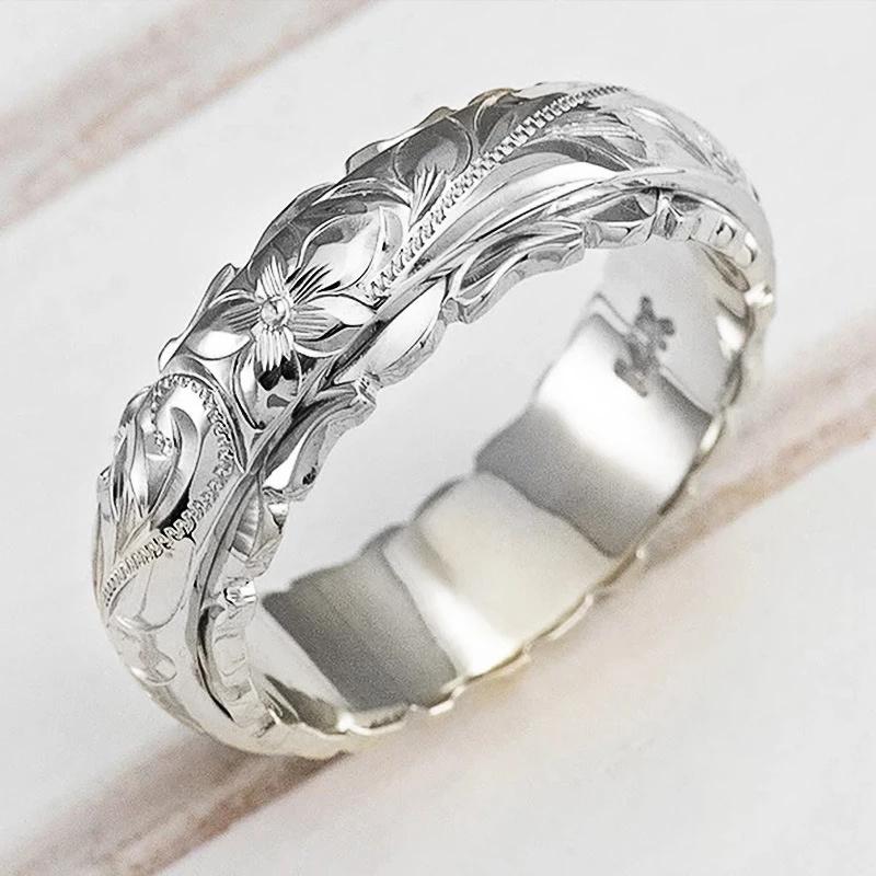 Carving Rose Flower Ring Kvinnor Män Klassisk Ring Trendig Mångsidig Smycken Ringar Bröllopsdagspresent