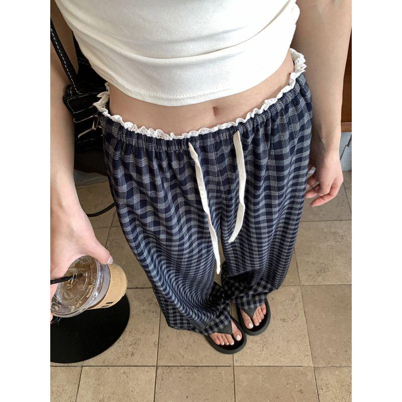 Kumikumi Idle Style Retro Gingham Elastic Waist Casual Pants Women's Clothing Autumn Stitching Lace Drooping Wide-Leg Pants