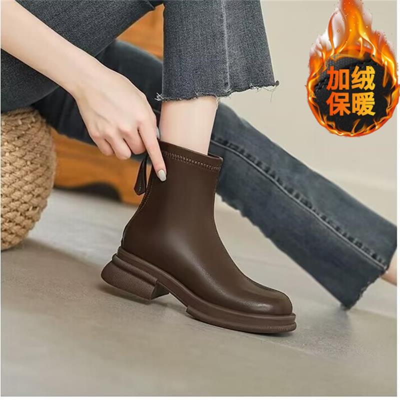 Soft leather heightened thick-soled Martin boots, thin two cotton short boots, thick heel elastic thin boots in autumn and winter