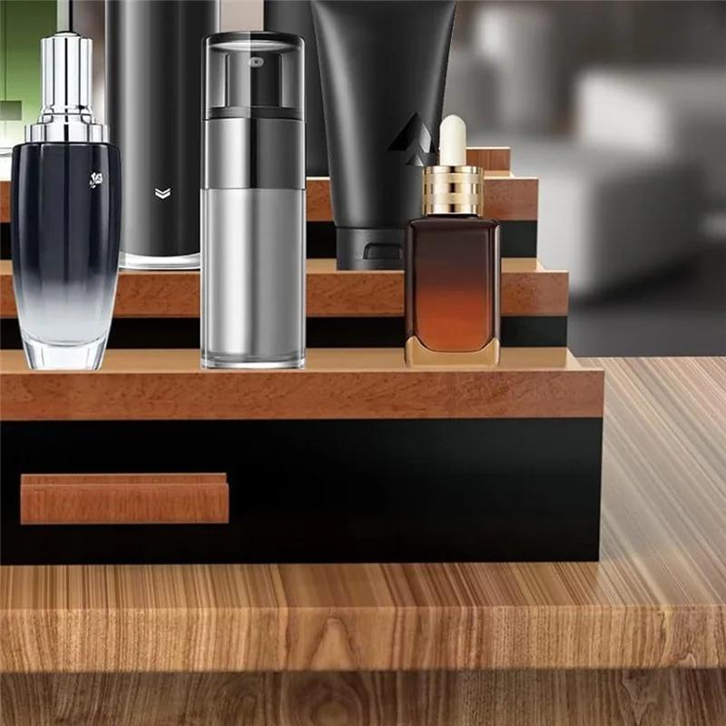 Espositore per Profumi in Legno con Cassetto, Organizer a Gradini a 3 Livelli per Cosmetici, Scatola Porta Trucchi per Comodino e Bagno