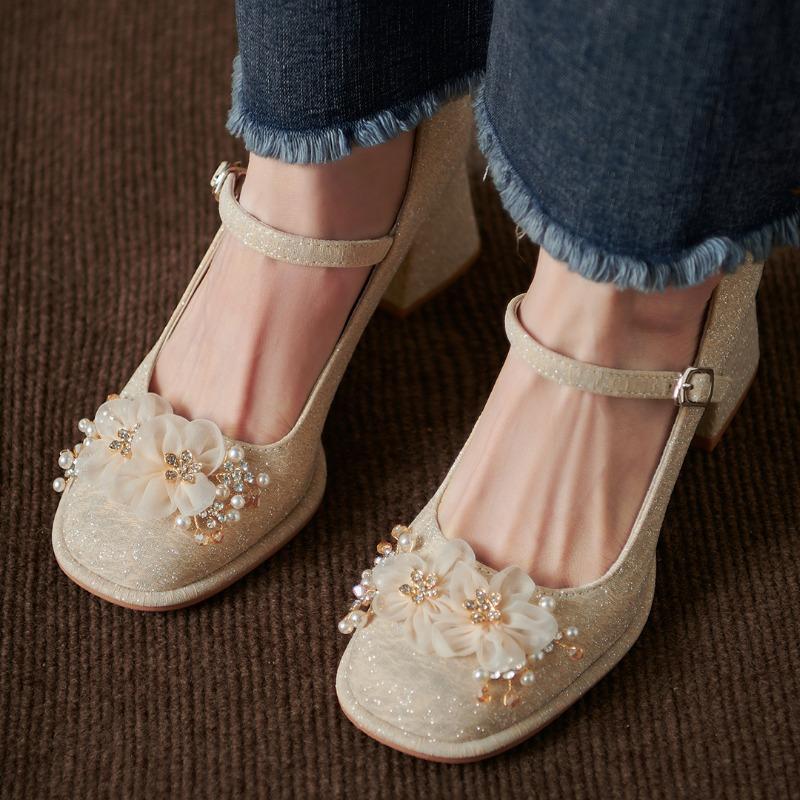 

Fashion Spring New Coarse Heel Single Shoes Women s Square Head Shallow Mouth Flower Anti-slip Wear-resistant High Heels 40 абрикосовый