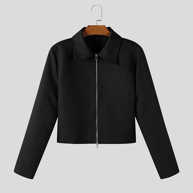 

INCERUN Men Lapel Neck Long Sleeve Zip-Up Texture Cropped Casual Shirts L чорний