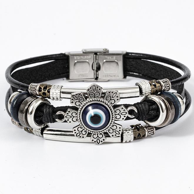 

Винтажный этнический бирюзовый браслет из кожи «кошачий глаз» для мужчин, регулируемый многорядный из нержавеющей стали, бохо, ручная работа, украшения для женщин