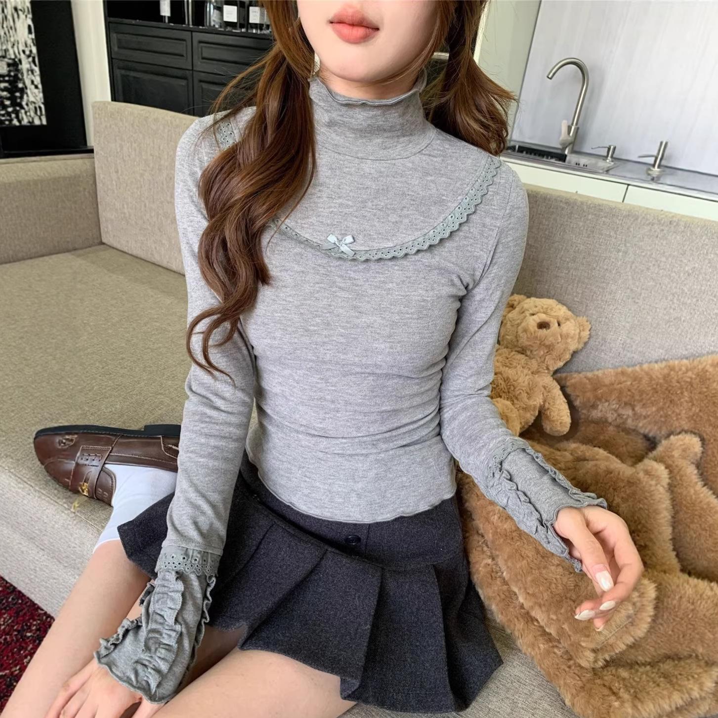 Women s Sweet Japanese Bow Ruffle Long Sleeve Top - Spring/Autumn Collection XXL светло-серый
