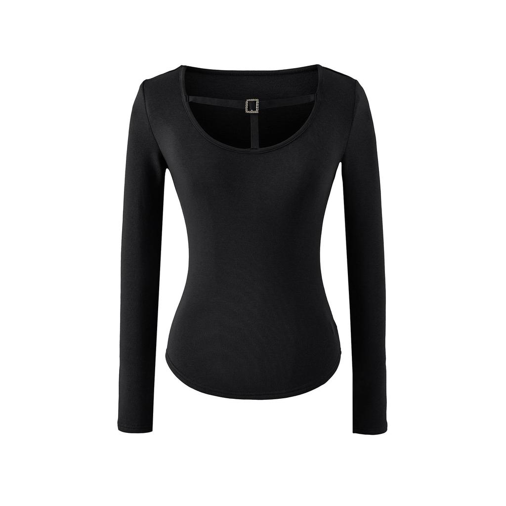 Spicy Girl Diamond Buckle Hollow U-Neck Plus Velvet Long-Sleeved Slim-Fit Top for Women - Stylish for Spring, Autumn & Winter