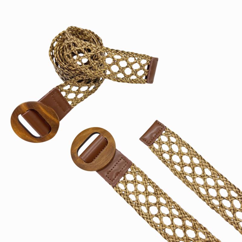 European Retro Colorful Woven Round Wood Buckle Leather Belt with Flowing Ribbon - Versatile Women's Waist Decoration