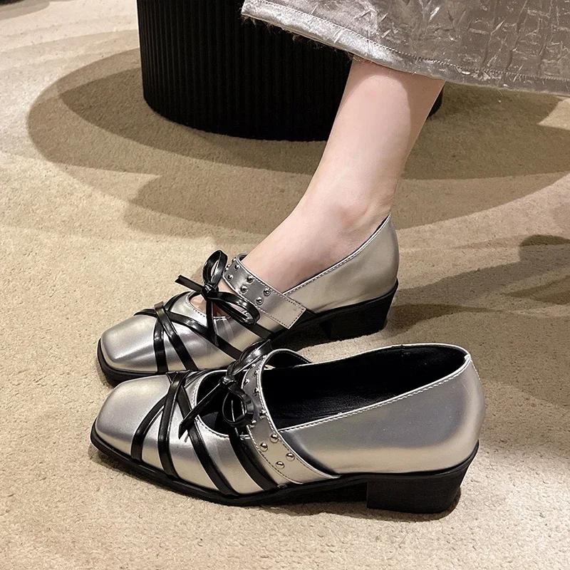 Bow Women Mid Heels Shoes Cross Belt Office Designer Sandals Summer Dress  Loafers Chunky Shallow Punk Zapatos Mujer Pumps