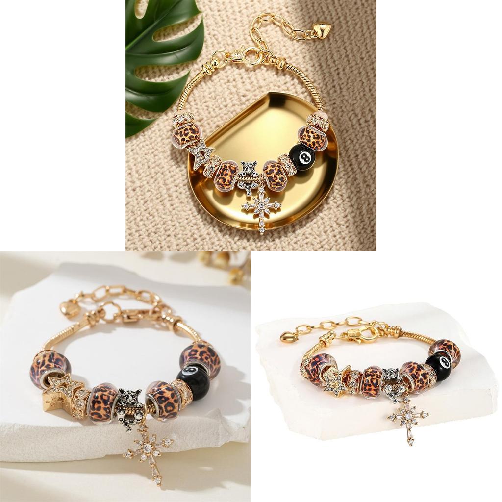 Elegantes Leopardenmuster Kreuz-Anhänger Verstellbares Kupferarmband Für Damen