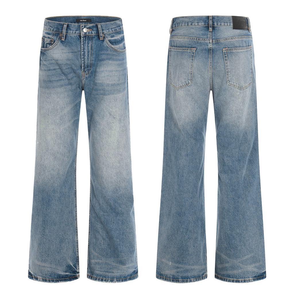 American retro simple jeans men's and women's high street versatile design sense washed and old straight trousers trendy brand