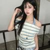 The Pink Minyu HalTerneck STripe AsymmeTrical Off Shoulder Side Shirring T shirT