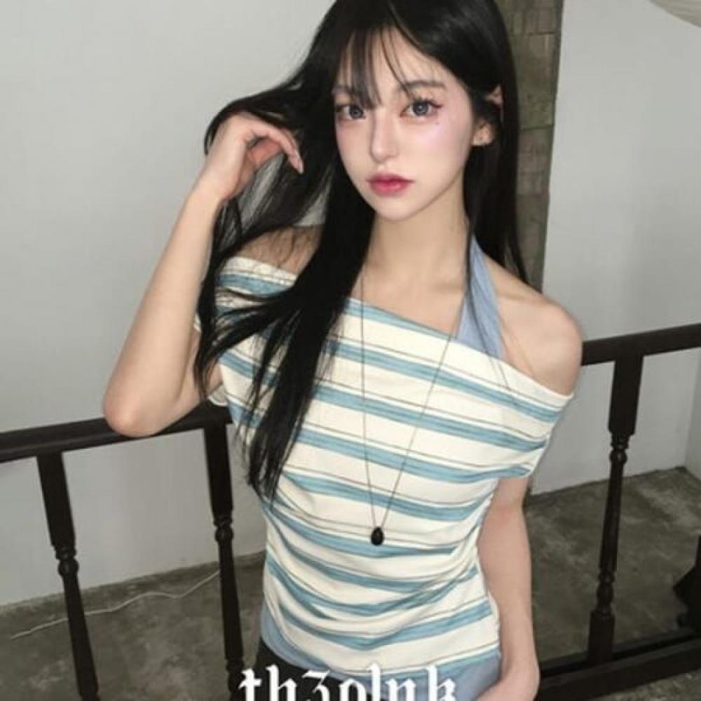 The Pink Minyu HalTerneck STripe AsymmeTrical Off Shoulder Side Shirring T shirT