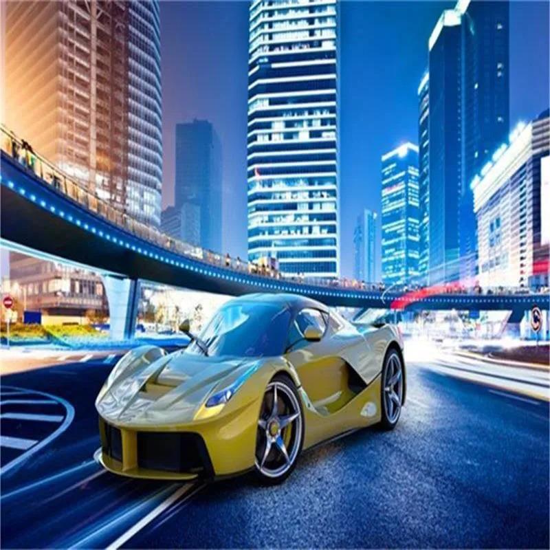 Yellow Car Wallpaper City Night Landscape 3d Wall Mural Modern Restaurant Clubs Bar Interior Wall Paper Decor