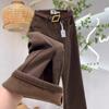 Autumn and winter velvet thermal jeans women's brown brown high waist loose wide legs mopping straight pants