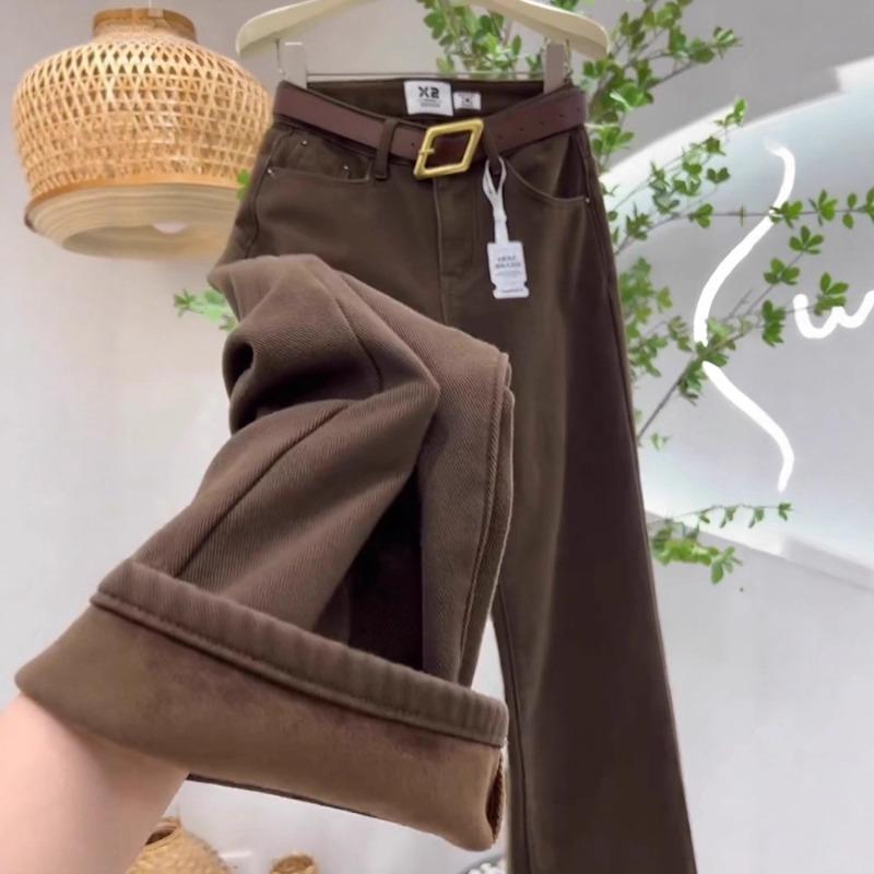 Autumn and winter velvet thermal jeans women's brown brown high waist loose wide legs mopping straight pants