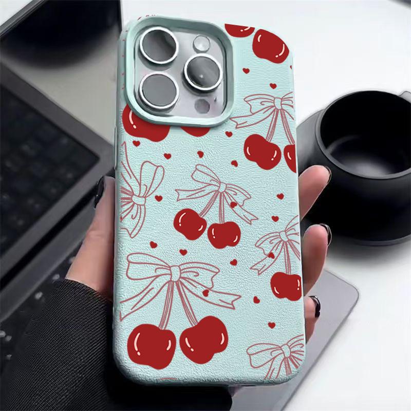 Leather Texture TPU Soft Phone Case For iPhone 16 Pro Max 15 Pro 14 13 12 11 Bowknot Cherry Print Slim Shockproof Matte Bumper Cover