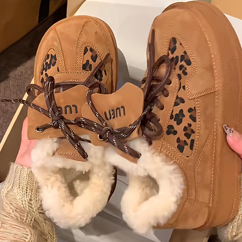 2025 Plush German Training Shoes Women's Winter Platform Round-toe Casual Board Shoes Leopard Print Snow Boots