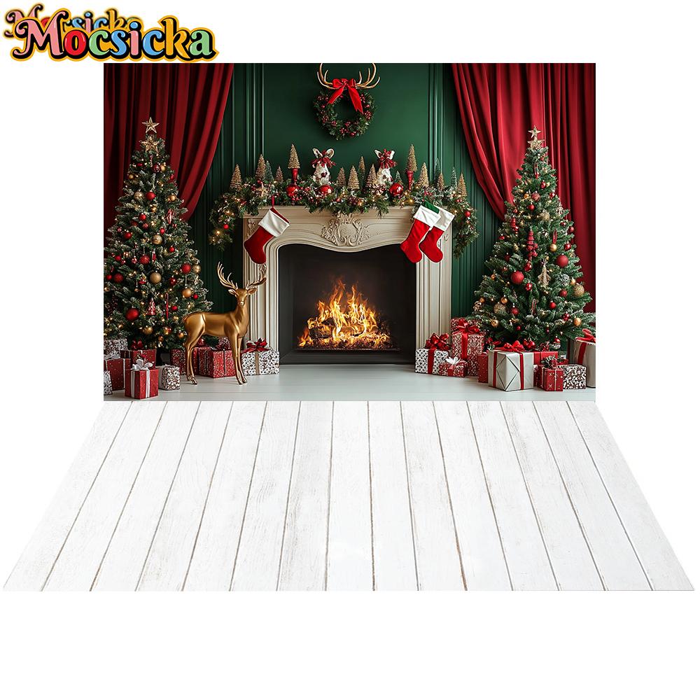 Mocsicka Christmas Photography Background Home Decoration Family Photo Backdrop Room Xmas Tree Fireplace Pattern Shooting Banner