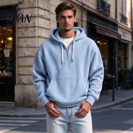 Easy Wear Versatile Outerwear Men Waffle Texture Sweatshirt, Loose Fit Long Sleeve Pullover Tops with Oversized Knit Sweatshirt for Front Pocket,