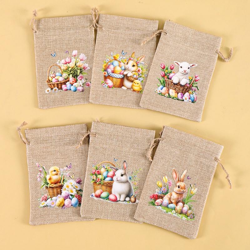 6Pcs Easter Linen Gift Bag Bunny Eggs Candy Cookie Packaging Bag Spring Easter Party Favor Supplies Kids Gifts Easter Decor 2026