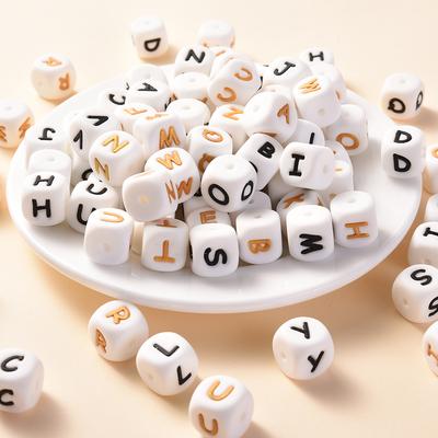 10 Stück 12mm Silikonperlen Buchstaben Gold Schwarz Englisches Alphabet Buchstabenperle BPA-freies Material für DIY Kaukette Beißspielzeug
