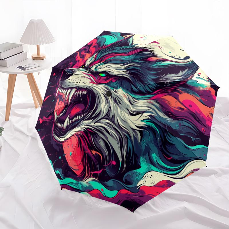Roaring Wolf  Pattern, Automatic Folding Umbrella, Portable and Foldable Design, 8 Ribs, a Christmas or Birthday Gift.