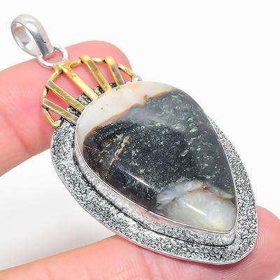 Natural Septerian Noodal Stone Two Tone 925 Sterling Silver Pendant 2.64" T6j91