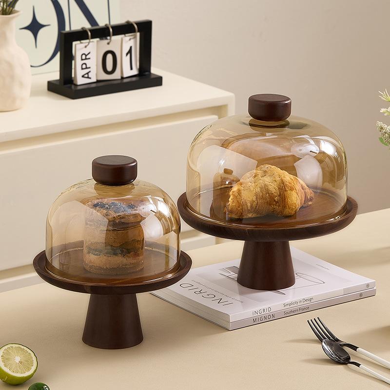 Retro Acacia Wood Tall Cake Tray with Glass Cover Wedding Dessert Table Display Rack Exquisite Afternoon Tea Dessert Tray