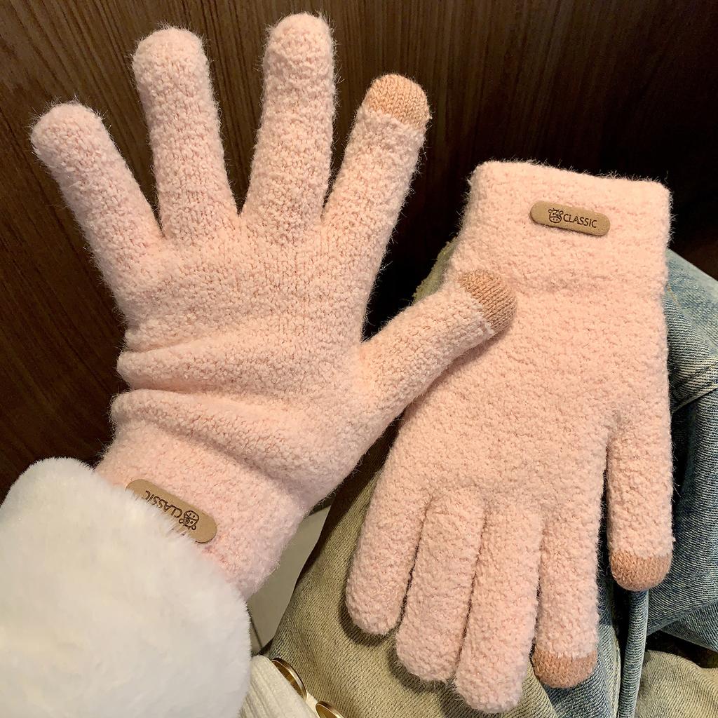 ins Knitted Finger Gloves Women's Warm Thickened Fleece Antifreeze Solid Color Gloves Students