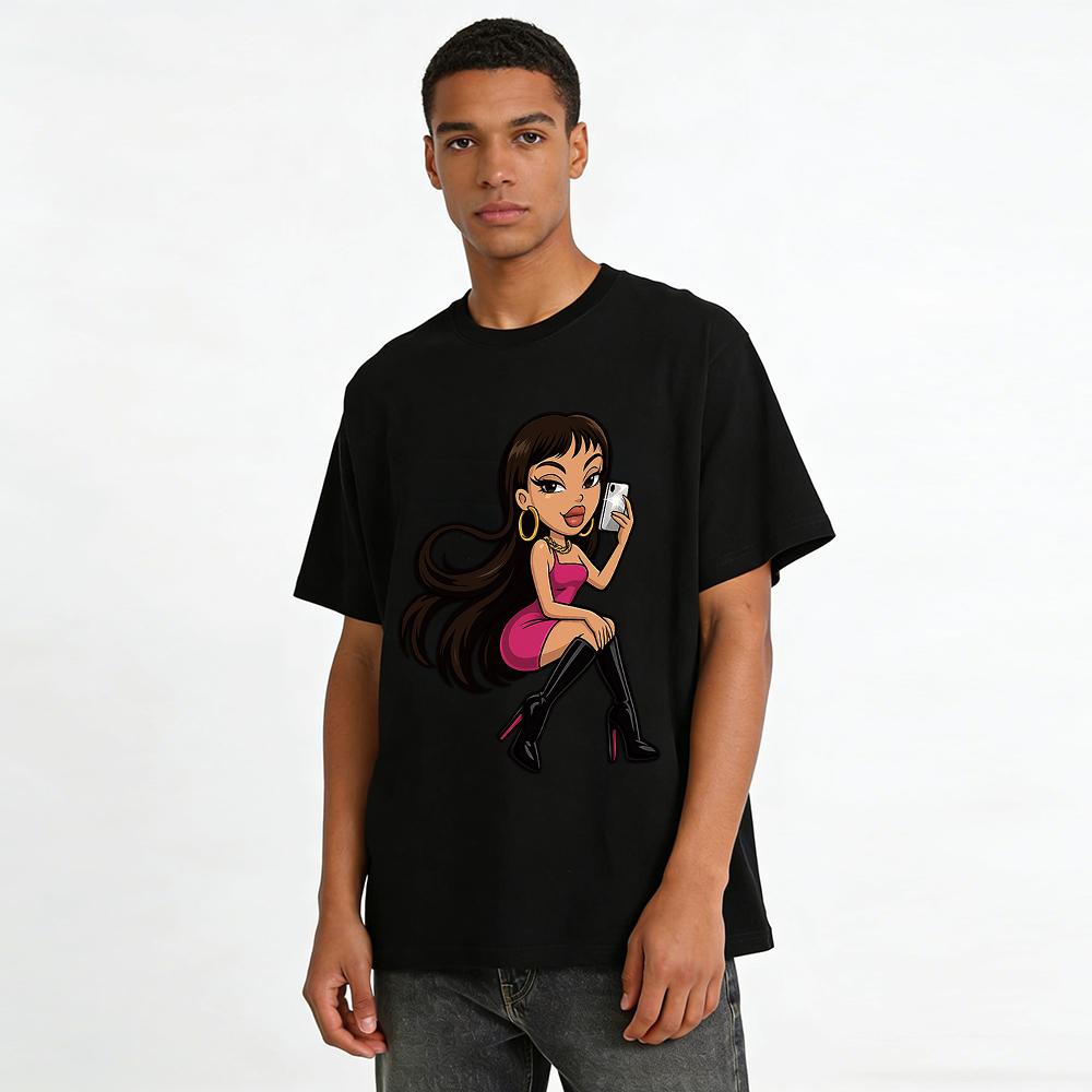 Street Style Cool Cartoon Girl Print T-shirt Casual Versatile Crew Neck Top For Women Pure Cotton T-shirt