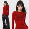 Grunge Aesthetics Letter Print T-shirt Trashy 2000s Style Long Sleeve Red T Shirt Japanese Y2k Distressed Tops American