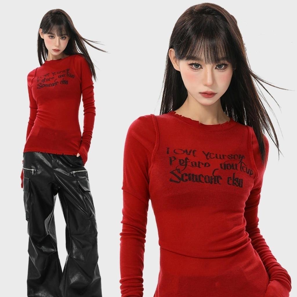 Grunge Aesthetics Letter Print T-shirt Trashy 2000s Style Long Sleeve Red T Shirt Japanese Y2k Distressed Tops American