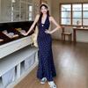 (Exclusive) Blue Neck Sling Floral Waist Dress Women's New Summer Lace French Skirt Sea