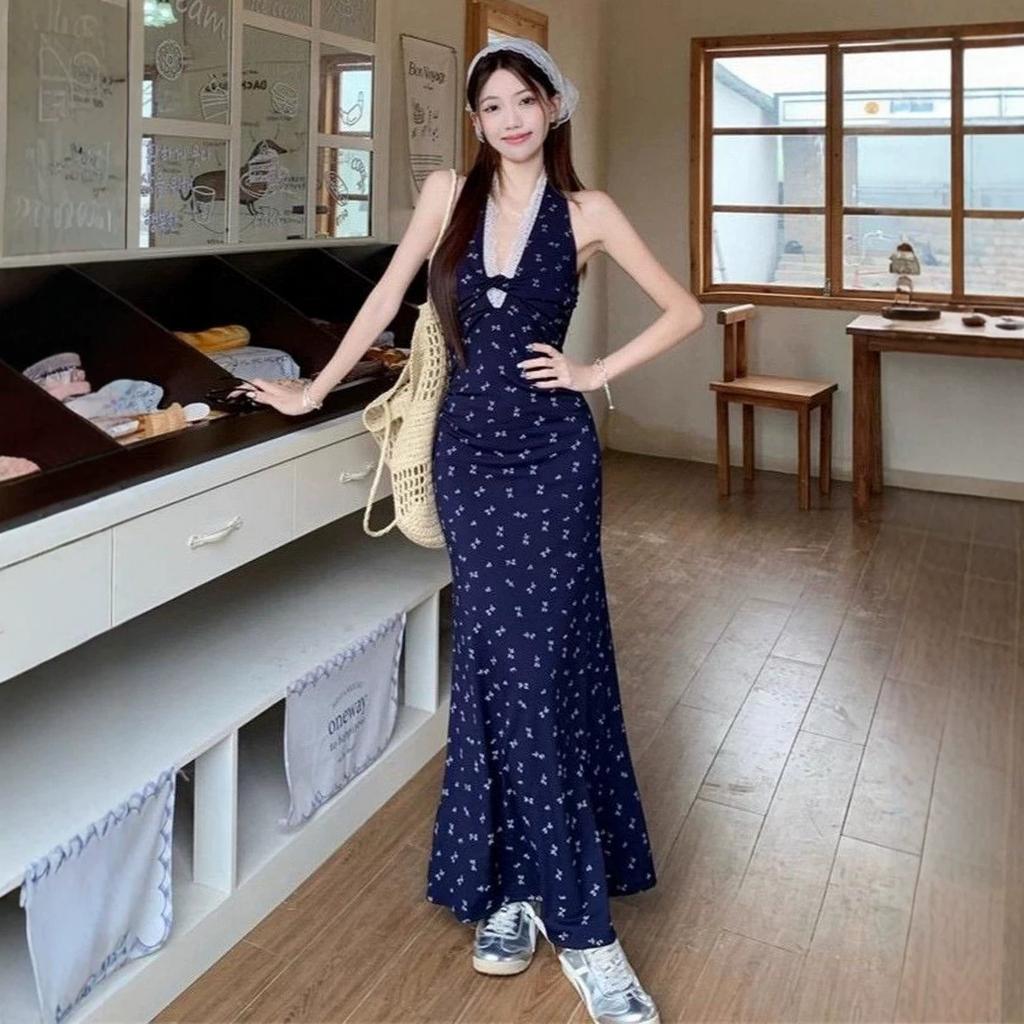 (Exclusive) Blue Neck Sling Floral Waist Dress Women's New Summer Lace French Skirt Sea