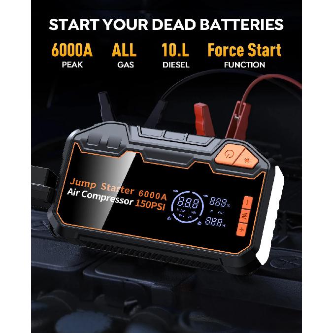 PAIVIROKU 6000A Car Battery Starter Booster & Tire Inflatable Compressor 150PSI Air Pump with Jump Starter Power Bank ,LED Light