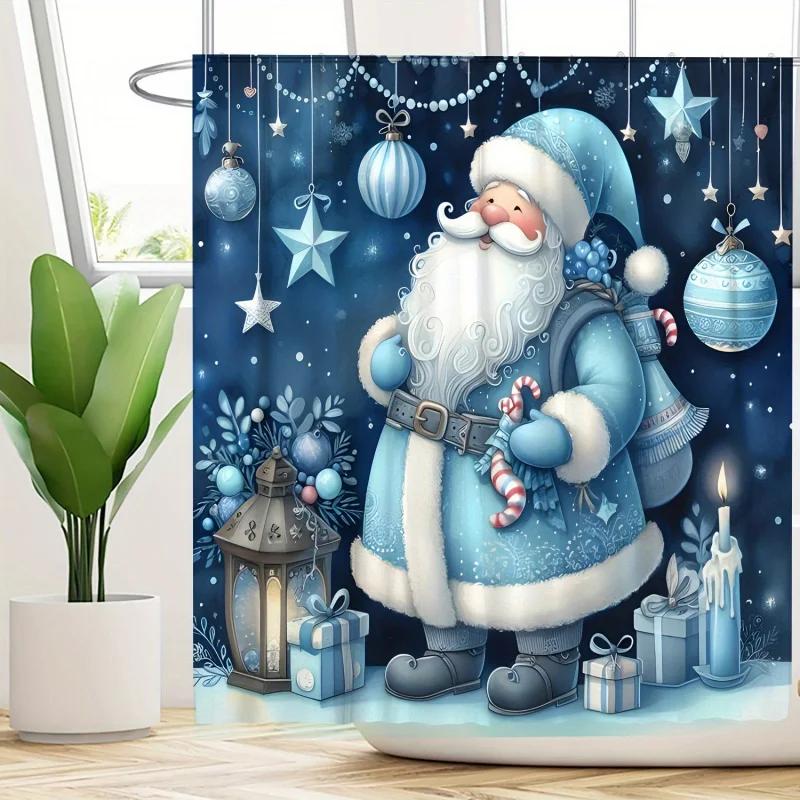 Blue Dreamy Santa Christmas-Themed Bathroom Set - Fade-Resistant Shower Curtain With Hooks, Non-Slip Rug, U-Shaped Mat & Toilet