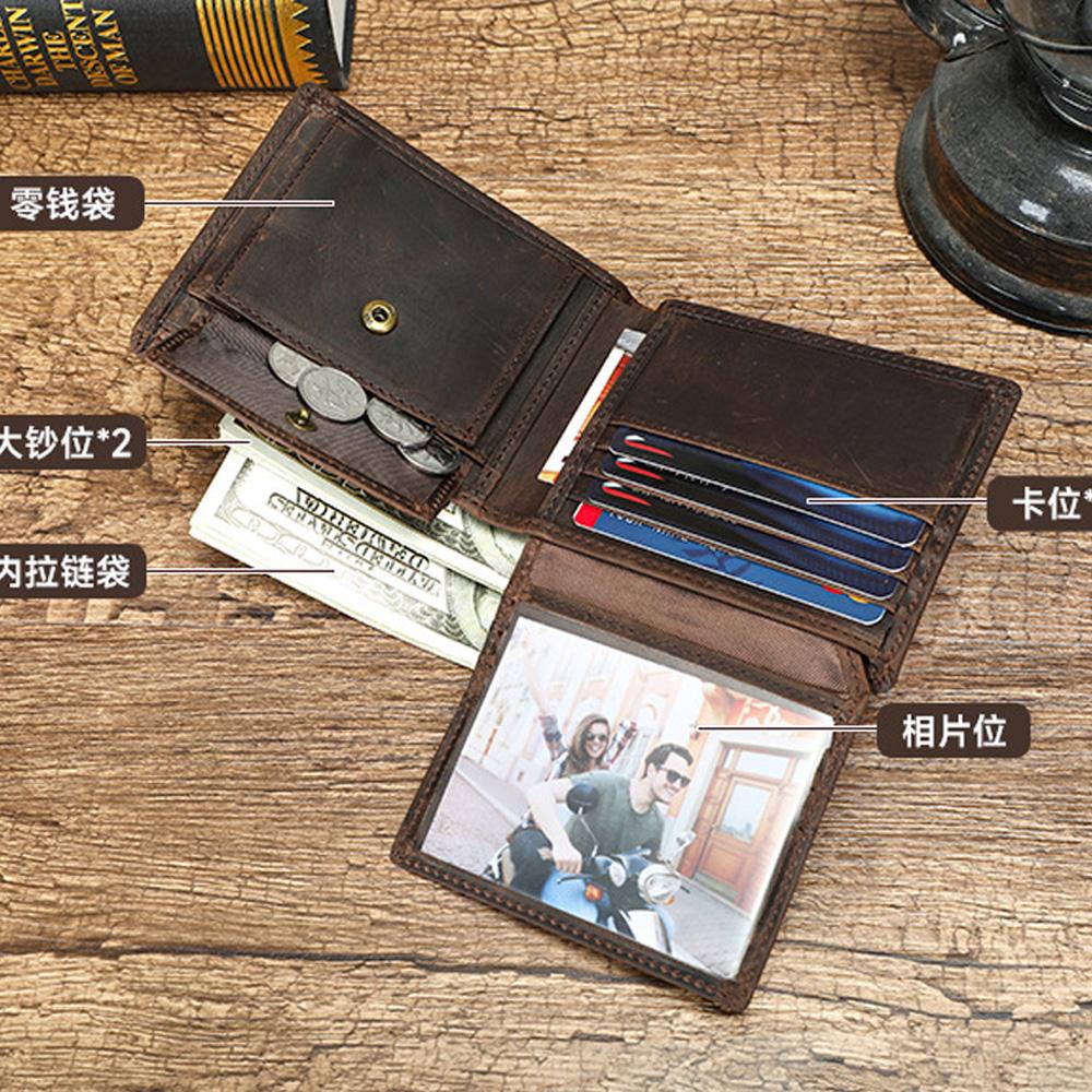 Vintage Genuine Crazy Horse Leather Men's Wallet Embossed Compass Design RFID Blocking Bifold Wallet Retro Simple Credit Card Holder Billfold