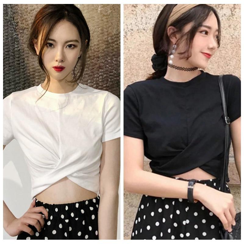 Women Casual O Neck Short Sleeve T-Shirt Summer Solid Crisscross T Shirt Top