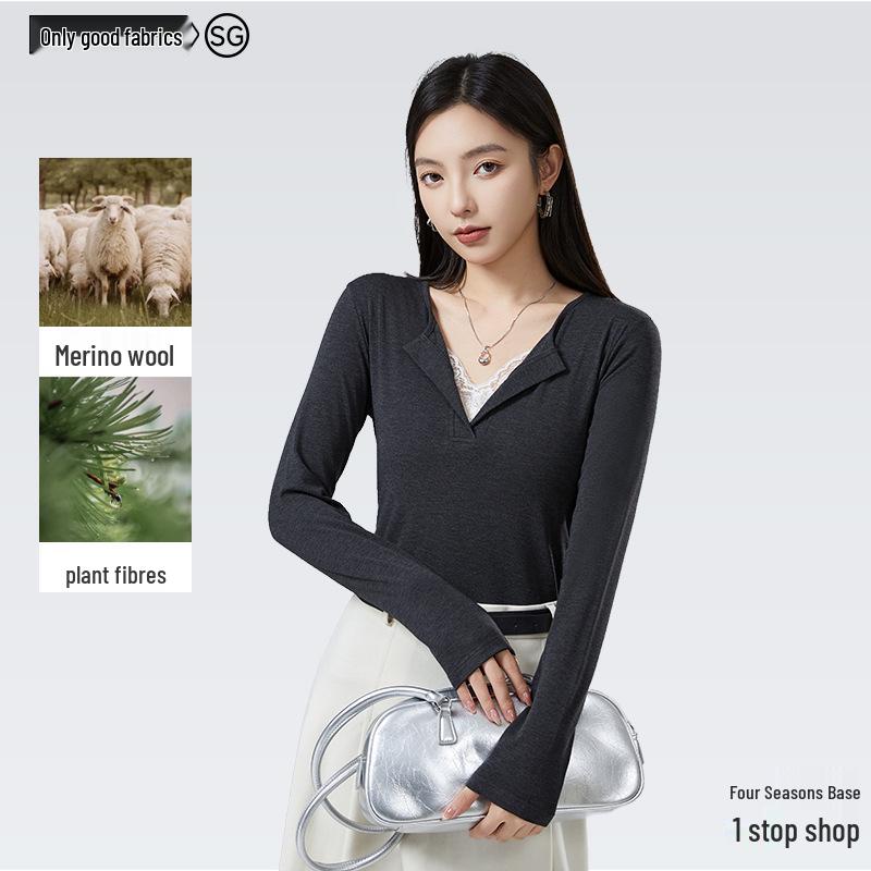 Antibacterial Women's Heated V-Neck Slimming Lace Patchwork Wool Long Sleeve T-Shirt