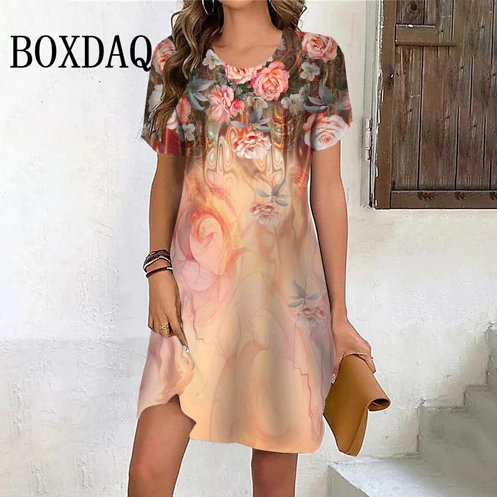 

Rainbow Gradient Flower Dress Women s 3D Printing Short-sleeved Loose A-line Dress Summer Fashion Casual Sweet and Elegant Women s Dress XL
